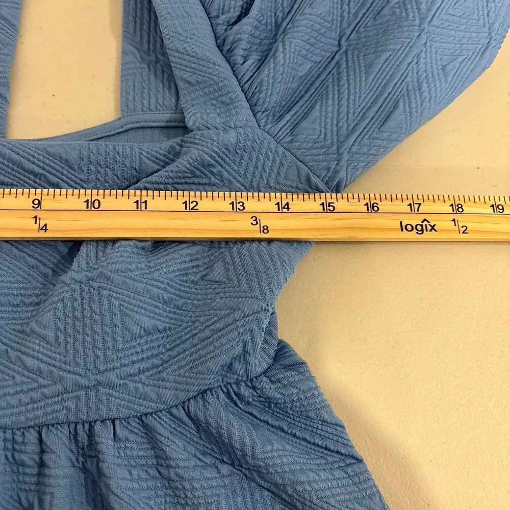 Free People Blue Puff Sleeve Textured Mini  Dress Size S Tie Back Babydoll